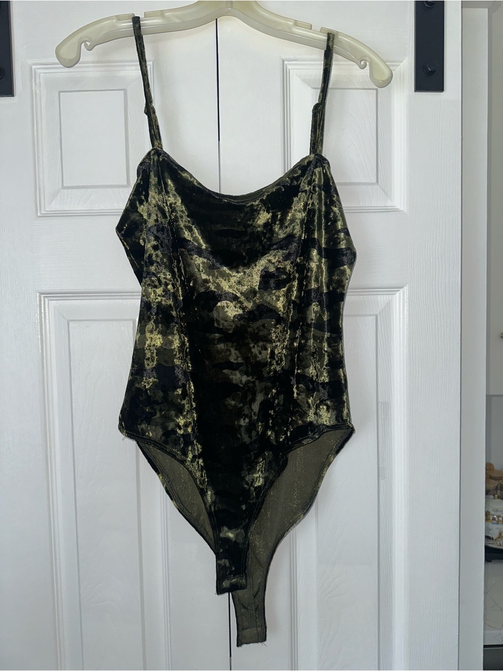 Forever 21 Olive & Black Camo Velvet Bodysuit - Picture 2 of 8